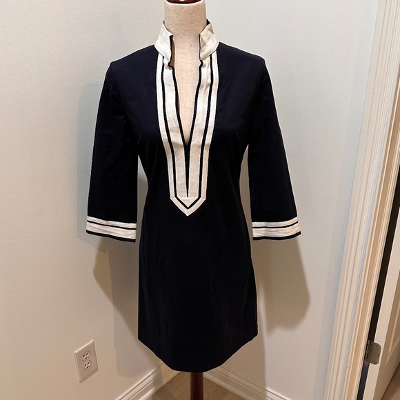 Tory Burch Cotton Tunic Dress in Navy with White Twill Trim, Size 4 - Picture 2 of 6
